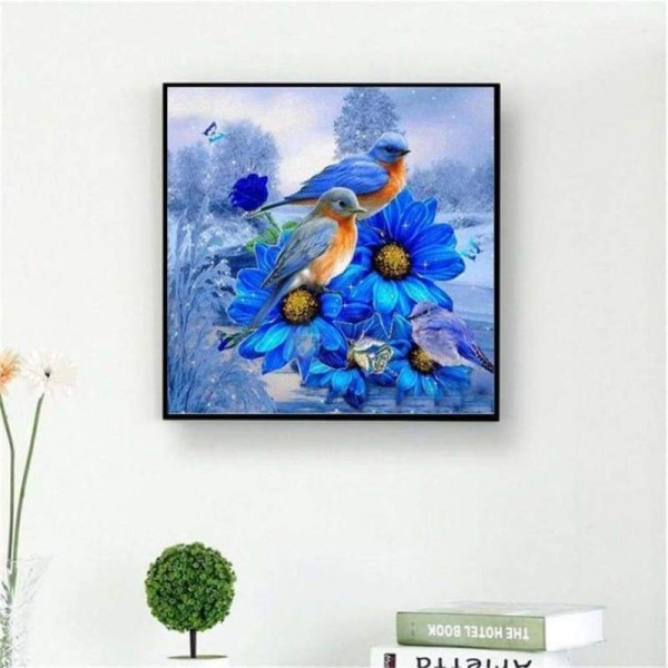 Volledige boor - 5D DIY Diamond Painting Kits Wintervogels op de blauwe bloemen