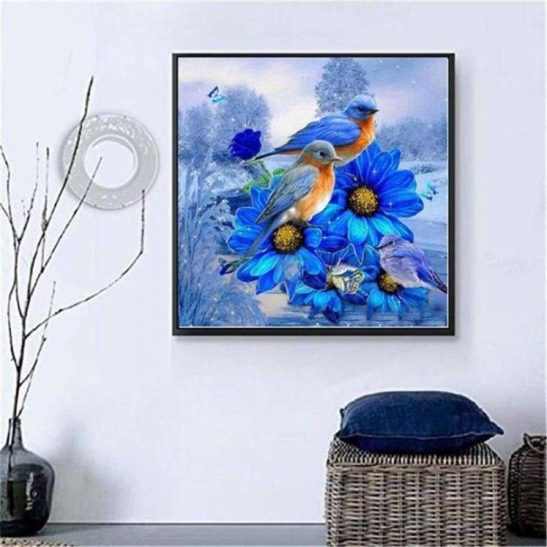 Volledige boor - 5D DIY Diamond Painting Kits Wintervogels op de blauwe bloemen