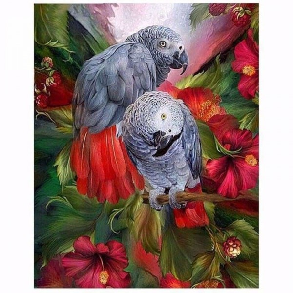 Abstract schilderij van twee papegaaien