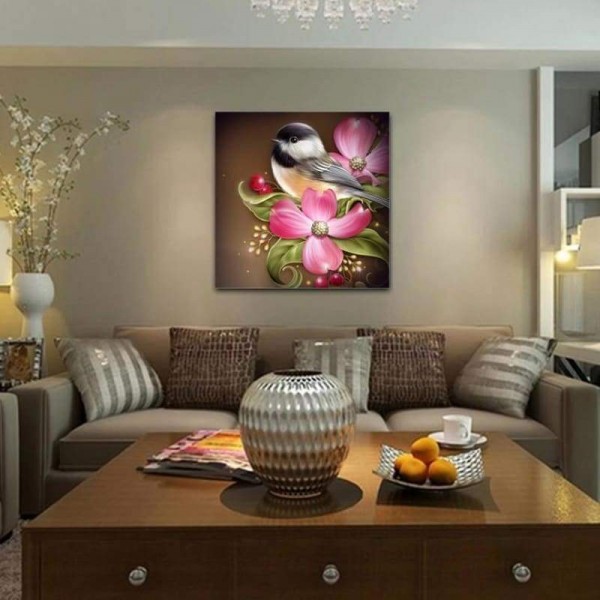 Volledige boor - 5D DIY Diamond Painting Kits Cartoon Bird On the Pink Flowers