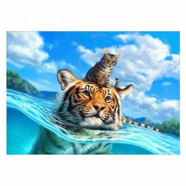 Volledige boor - 5D DIY Diamond Painting Kits Cartoon Animal Tiger Cat in the Sea