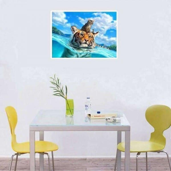 Volledige boor - 5D DIY Diamond Painting Kits Cartoon Animal Tiger Cat in the Sea