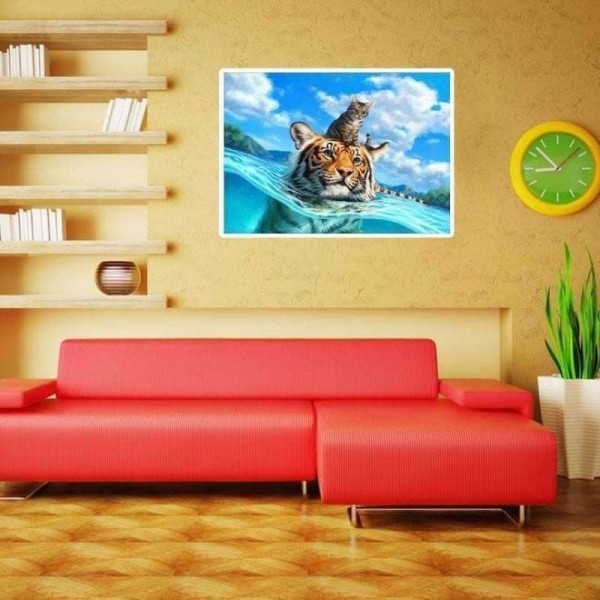 Volledige boor - 5D DIY Diamond Painting Kits Cartoon Animal Tiger Cat in the Sea