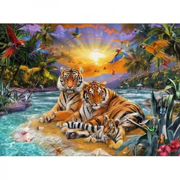 Volledige boor - 5D DIY Diamond Painting Kits Tiger Family Bathing in the Sun