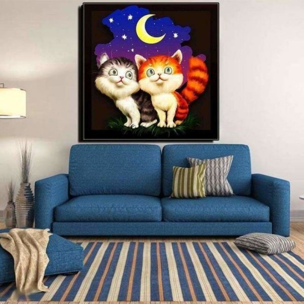Volledige boor - 5D Diamond Painting Kits Cartoon schattige katten kijken naar de maan
