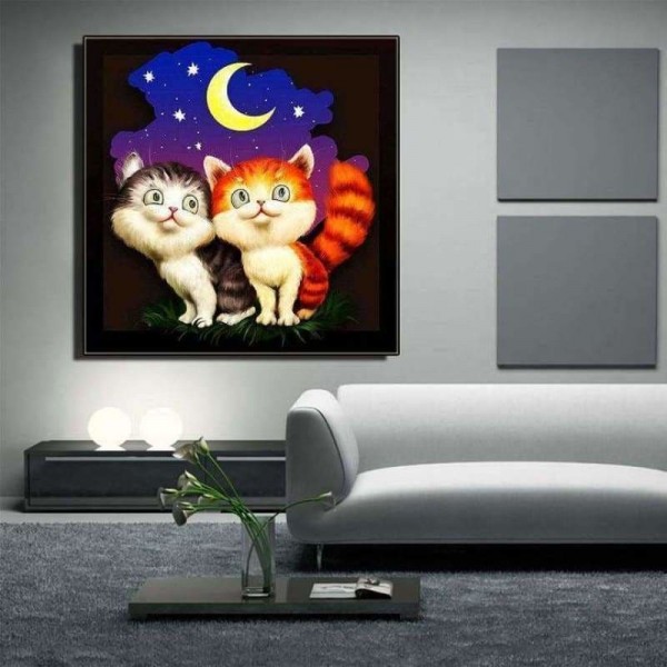 Volledige boor - 5D Diamond Painting Kits Cartoon schattige katten kijken naar de maan
