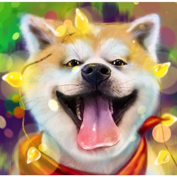 Happy Dog Met Lichten - Volledige Boor Diamant Schilderij -