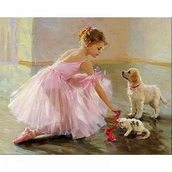 Volledige boor - 5D diy diamant schilderij kits danseres meisje met hond en kat