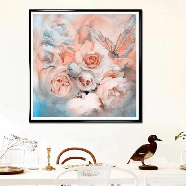 Volledige boor - 5D DIY Diamond Painting Kits Populaire aquarel roze rozen met libel