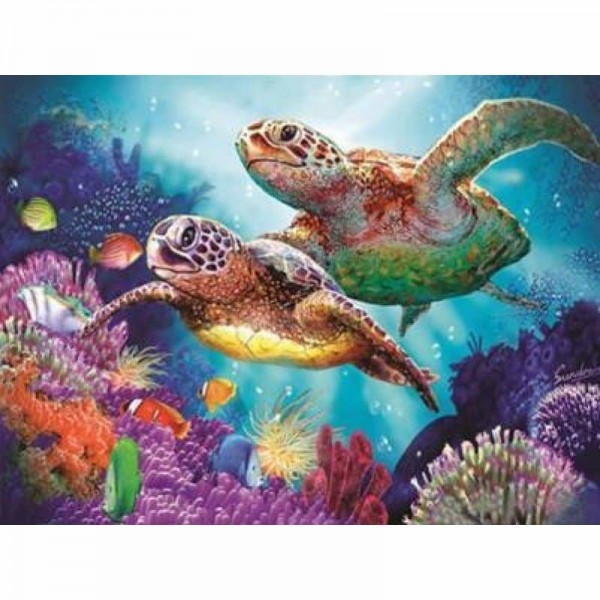 Zeeschildpadden tussen het koraal