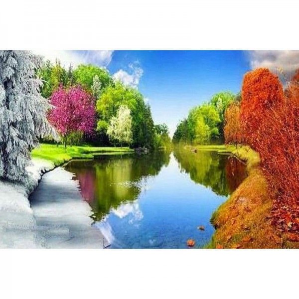 Volledige boor - 5D DIY Diamond Painting Kits Prachtig landschap Four Seasons Nature Lake