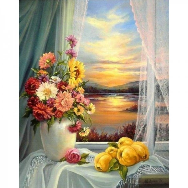 Volledige boor - 5D Diamond Painting Kits Mooie bloemen met uitzicht op de zee