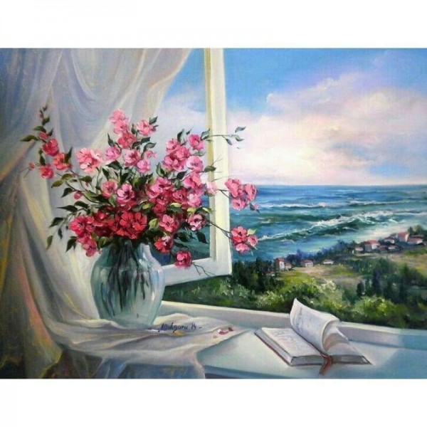 Volledige boor - 5D Diamond Painting Kits Prachtige bloemen in vaas met uitzicht op zee