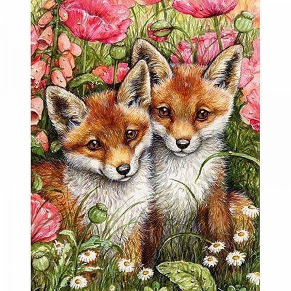 Volledige boor - 5D DIY Diamond Painting Kits Two Foxes Baby Flowers