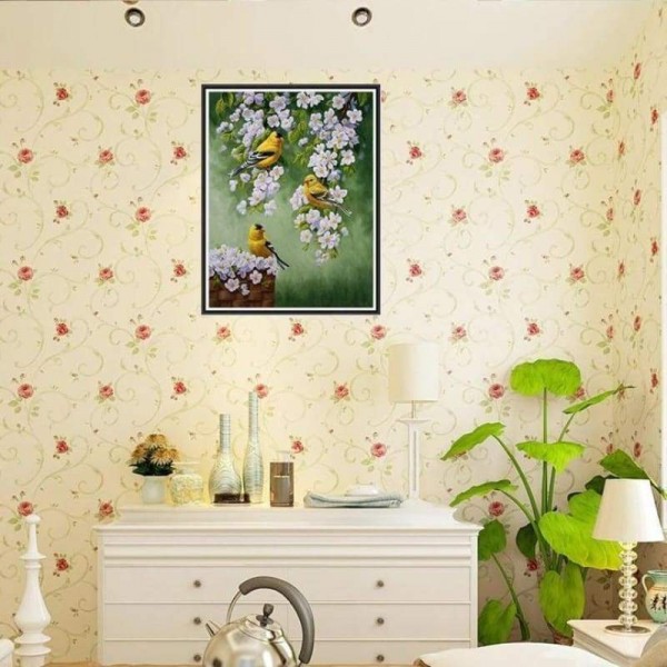 Volledige boor - 5D DIY Diamond Painting Kits Gele vogels op de bloemtakken