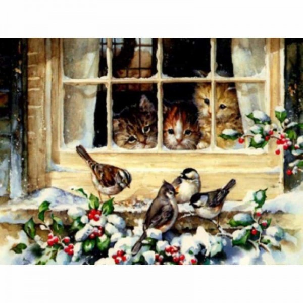 Kittens en vogels-Volledige boor diamant schilderij-
