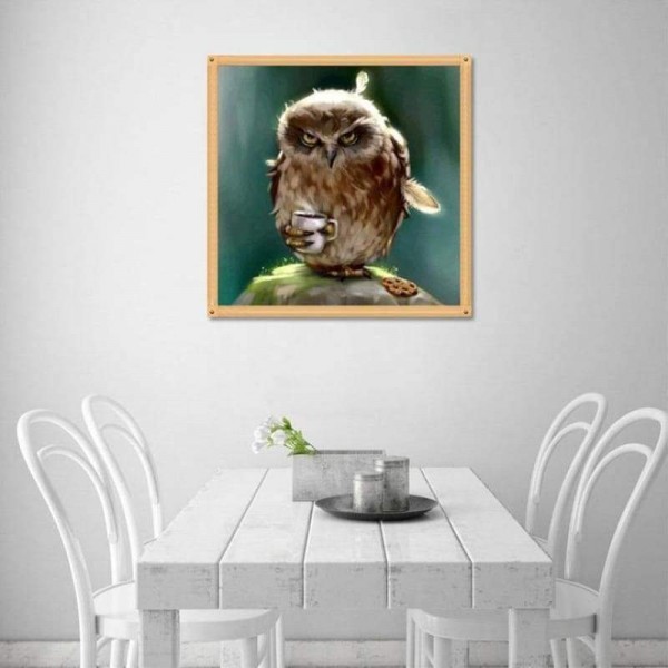 Volledige Boor - 5D DIY Diamant Schilderij Kits Aquarel Uil Met Een Kopje Koffie AF9229