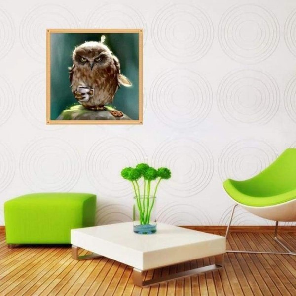 Volledige Boor - 5D DIY Diamant Schilderij Kits Aquarel Uil Met Een Kopje Koffie AF9229