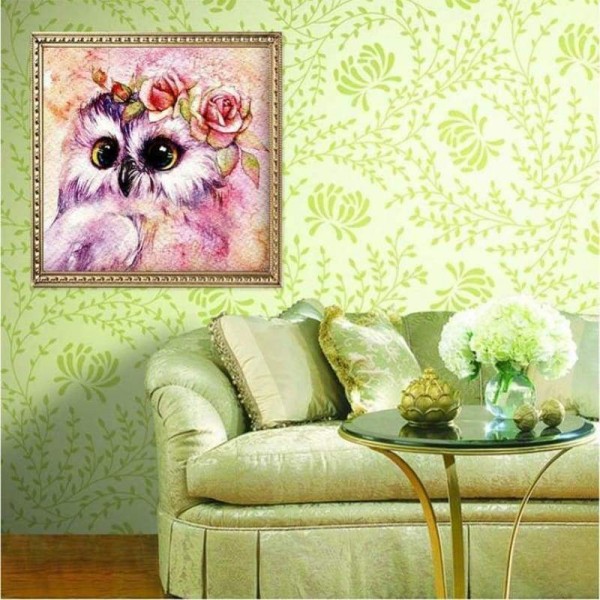 Volledige Boor - 5D DIY Diamant Schilderij Kits Aquarel Leuke Bloem Uil
