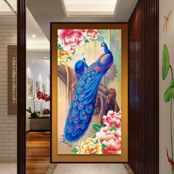 Volledige boor - 5D DIY Diamond Painting Kits Cartoon Blue Peacocks Flowers