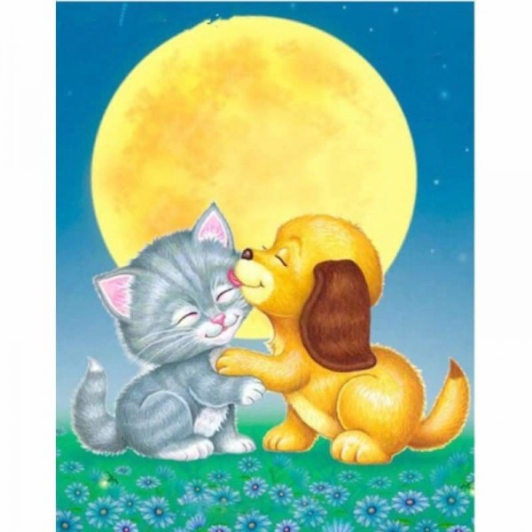 Volledige boor - 5D DIY Diamond Painting Kits Cartoon Moon Loving Dog Cat