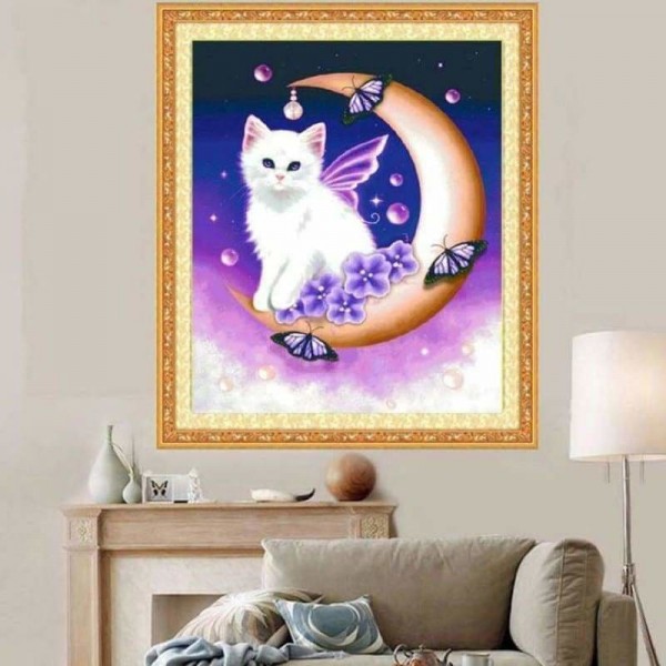 Volledige boor - 5D Diamond Painting Kits Cartoon Cute Cat on the Moon