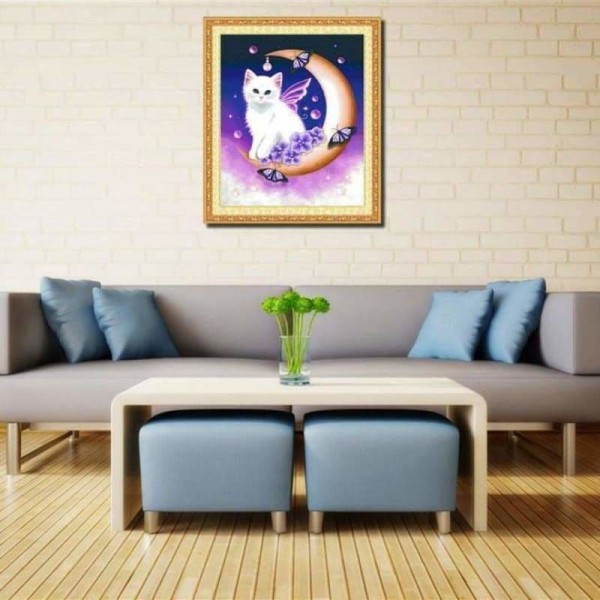 Volledige boor - 5D Diamond Painting Kits Cartoon Cute Cat on the Moon