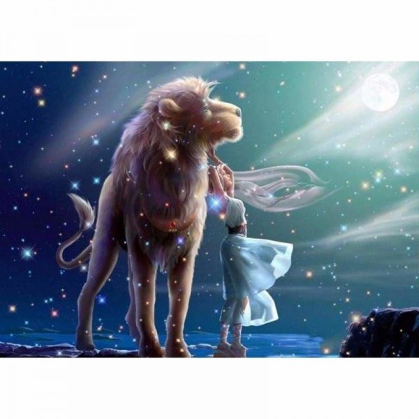 Leeuw en meisje in het maanlicht