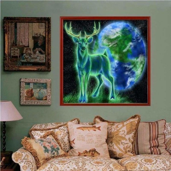 Volledige boor - 5D DIY Diamond Painting Kits Fantasy Green and Blue Deer Earth