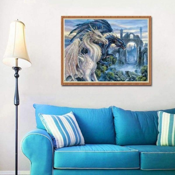 Volledige boor - 5D DIY Diamond Painting Kits Fantasy Blue White and Blue Dragons Lover