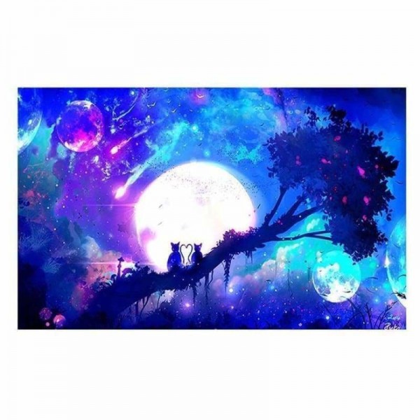 Full Drill - 5D DIY Diamond Painting Kits Fantasy Pretty Moon Sky Cats on the Tree Scene
