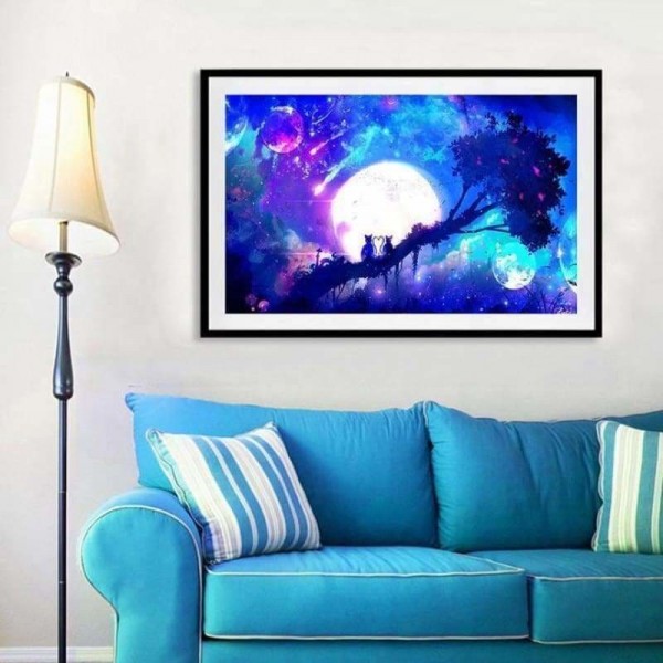 Full Drill - 5D DIY Diamond Painting Kits Fantasy Pretty Moon Sky Cats on the Tree Scene