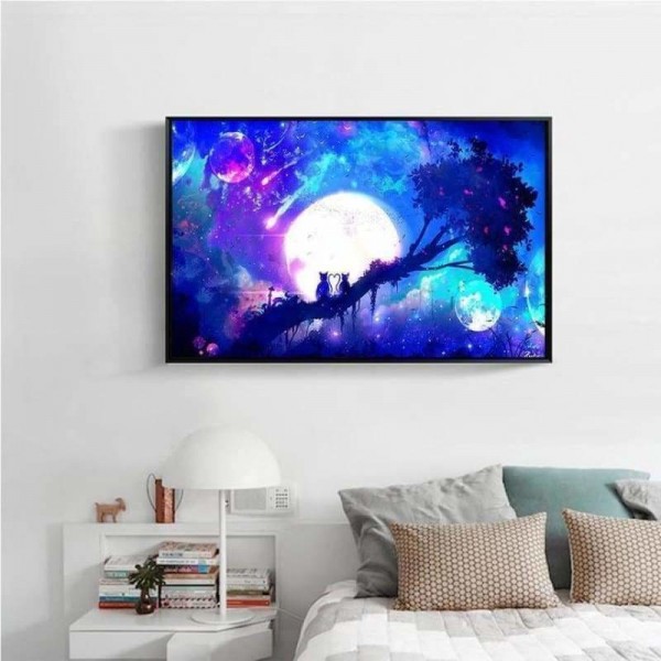 Full Drill - 5D DIY Diamond Painting Kits Fantasy Pretty Moon Sky Cats on the Tree Scene