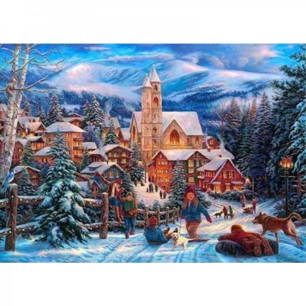 Volledige boor - 5D DIY Diamond Painting Kits Cartoon besneeuwd dorp in de winter