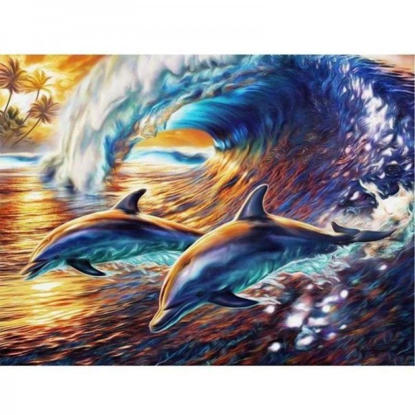 Volledige boor - 5D Diamond Painting Kits Gekleurde tekening Dolfijnen Zeegolf