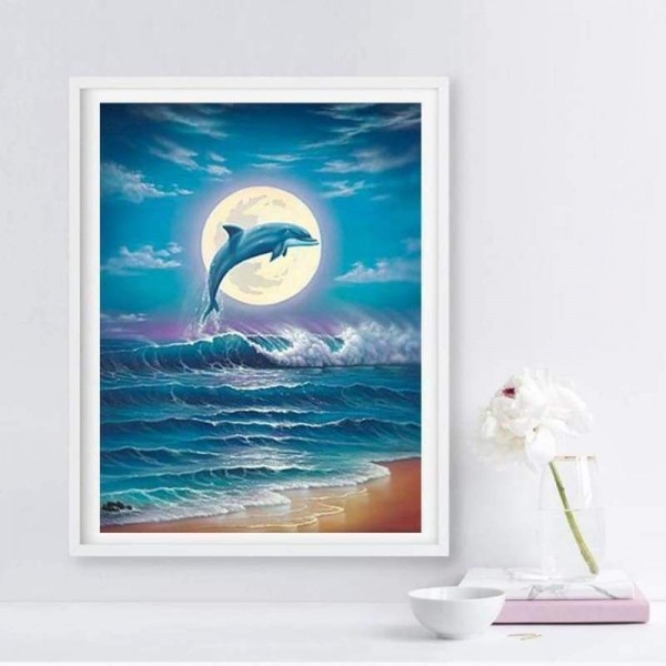 Volledige boor - 5D DIY Diamond Painting Kits Dreamy Moon Sea Dolphin
