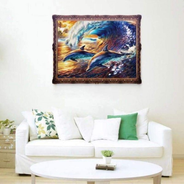 Volledige boor - 5D Diamond Painting Kits Gekleurde tekening Dolfijnen Zeegolf