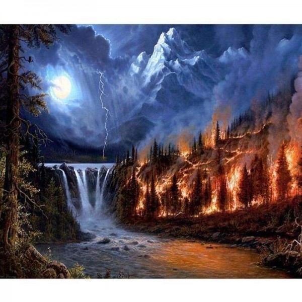 Volledige boor - 5D DIY Diamond Painting Kits Dream Mountain Lake Afire Forest