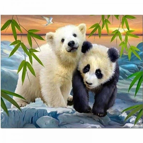 Volledige boor - 5D Diy Diamond Painting Kits Vriendelijke Witte Beer en Verlegen Panda