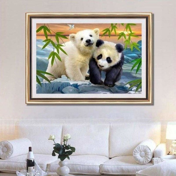 Volledige boor - 5D Diy Diamond Painting Kits Vriendelijke Witte Beer en Verlegen Panda