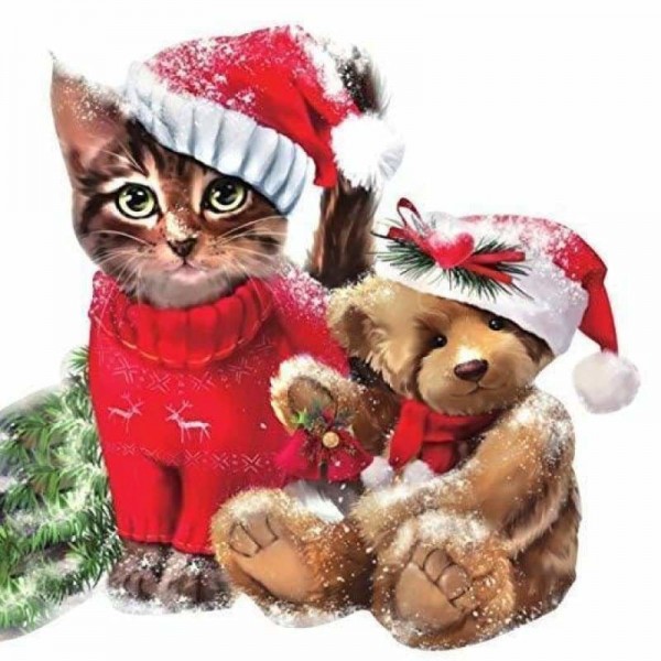 Volledige boor - 5D DIY Diamond Painting Kits Kerstteddybeer en kat