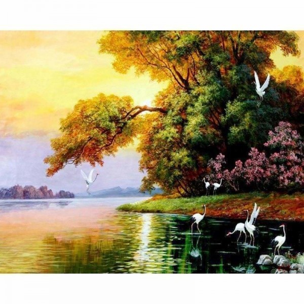 DOUBLE Full Vorm steentjes - 5D Diamond Painting Kits Crane And Swans In the Lake