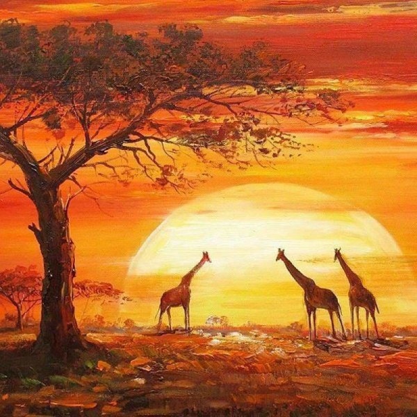 Schilderij giraffe onder de zonsondergang