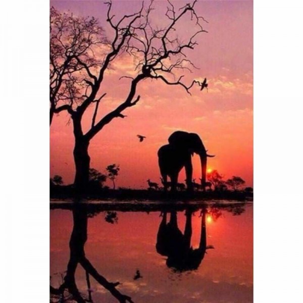 DOUBLE Elephant Sunset 02- Full Vorm steentjes Diamond Painting -