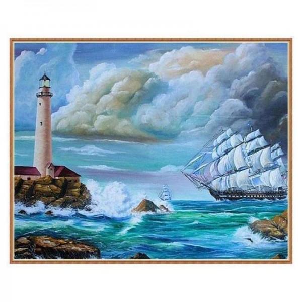 Volledige boor - 5D DIY Diamond Painting Kits Cartoon Lighthouse Sea Wave