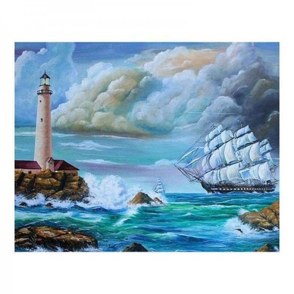 Volledige boor - 5D DIY Diamond Painting Kits Cartoon Lighthouse Sea Wave