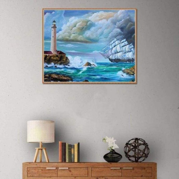 Volledige boor - 5D DIY Diamond Painting Kits Cartoon Lighthouse Sea Wave