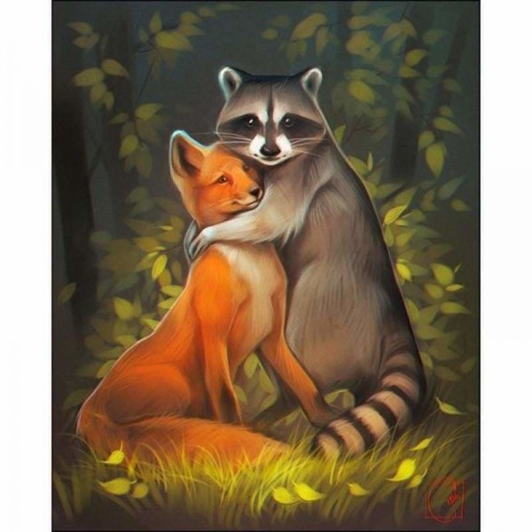 Volledige boor - 5D DIY Diamond Painting Kits Cartoon Fox & Raccoon Love