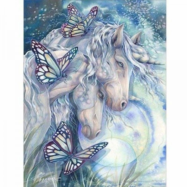 Volledige boor - 5D DIY Diamond Painting Kits Cartoon liefdevolle romantische paarden vlinder