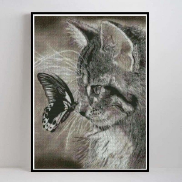 Volledige boor - 5D DIY Diamond Painting Kits Zwart-witte kat en vlinder